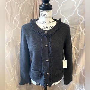 100% Merino Wool Tweeds Gray Fringe Button Up Cardigan NWT